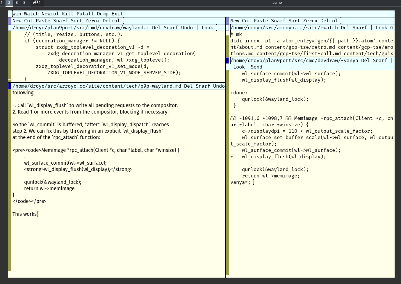 Acme running natively on a wayland compositor